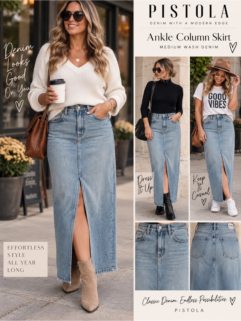 Pistola Ankle Column Denim Maxi Skirt Medium Wash Front Slit Trendy